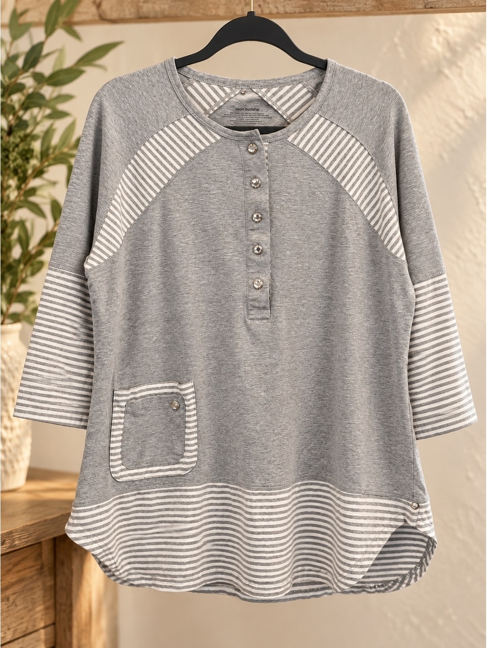 Neon Buddha XL Grey Striped Cotton Tunic Top Henley High Low Hem Lagenlook